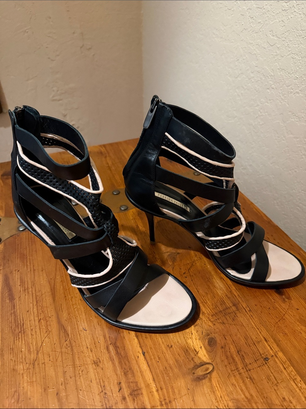 Rebecca Taylor Black and Cream Strappy High-Heel Sandals Caged Gladiator